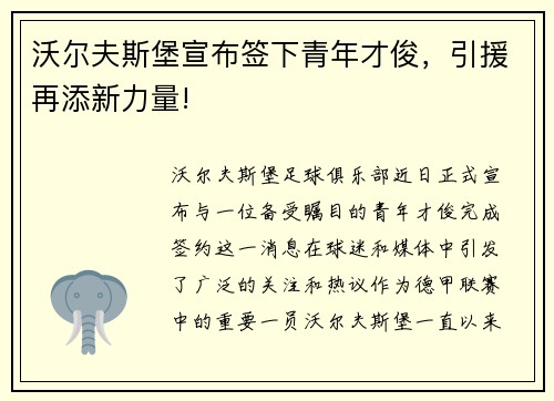 沃尔夫斯堡宣布签下青年才俊,引援再添新力量!